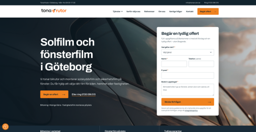 Hemsida vi byggt för Tona Rutor – Solfilm & fönsterfilm · Göteborg